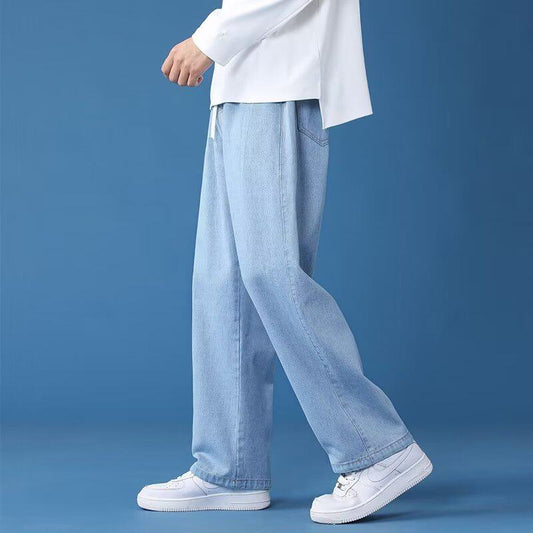 Mens Washed Denim Pants with Elastic Waist