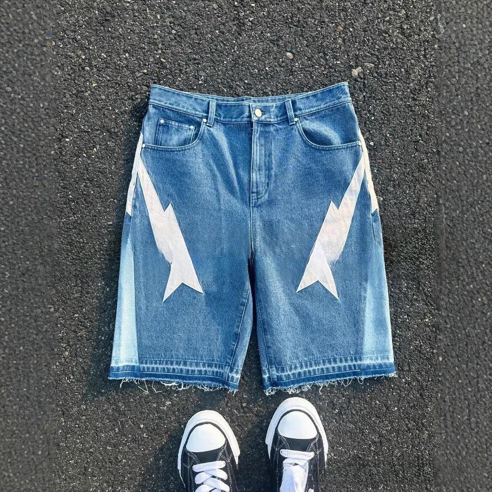 Mens Washed Denim Printed Casual Shorts