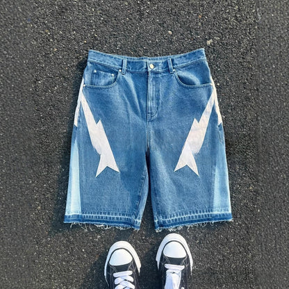 Mens Washed Denim Printed Casual Shorts