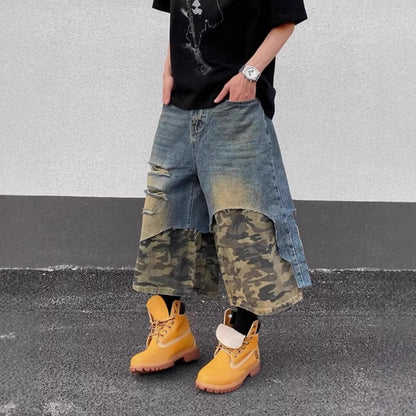 Mens Washed Denim Shorts High Waist Cropped Distressed Style