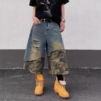 Mens Washed Denim Shorts High Waist Cropped Distressed Style
