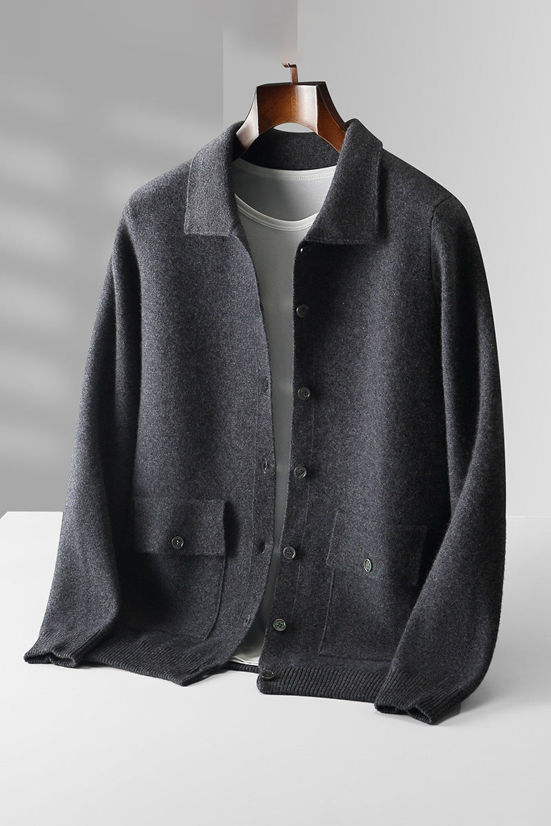 Mens Wool Cardigan Long Sleeve Retro Pocket