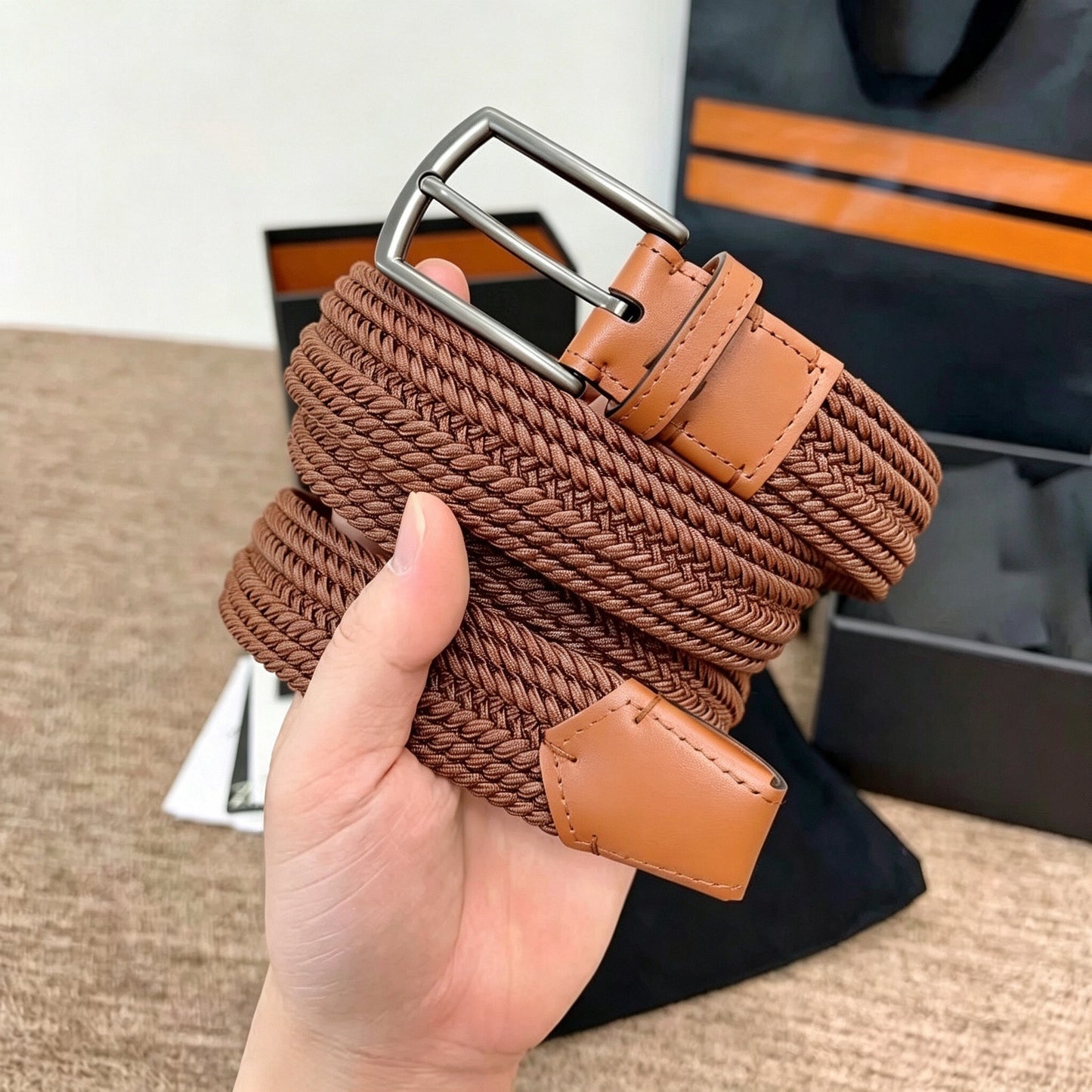 Mens Woven Elastic Leather Belt