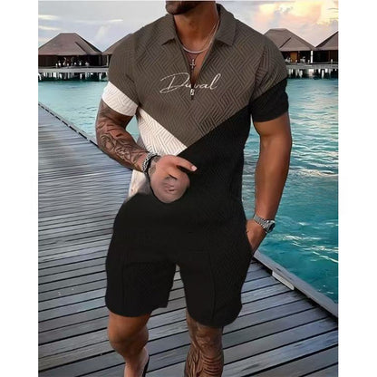 Mens Zipper Polo Shirt and Shorts Set