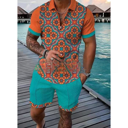 Mens Zipper Polo Shirt and Shorts Set