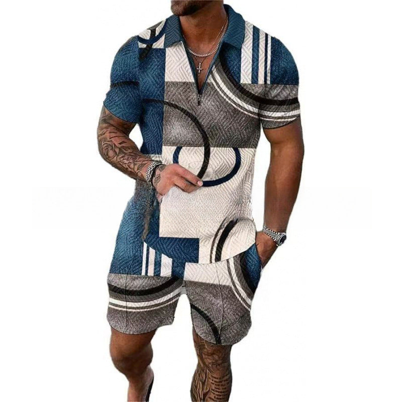 Mens Zipper Polo Shirt and Shorts Set