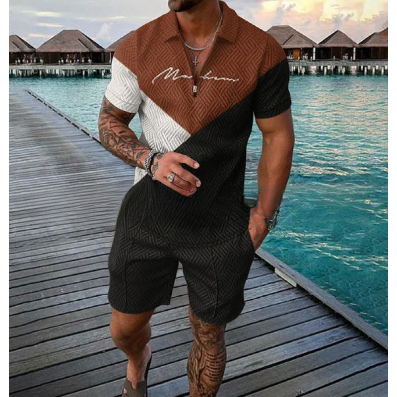 Mens Zipper Polo Shirt and Shorts Set