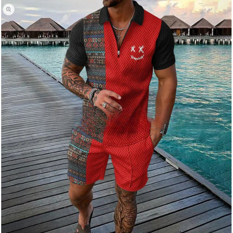 Mens Zipper Polo Shirt and Shorts Set