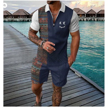 Mens Zipper Polo Shirt and Shorts Set