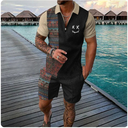 Mens Zipper Polo Shirt and Shorts Set