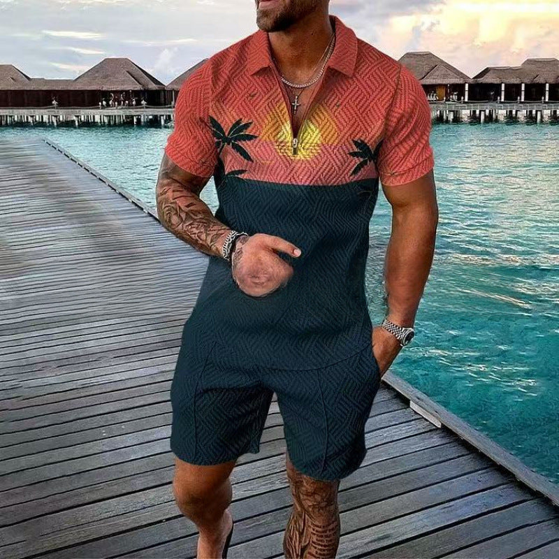 Mens Zipper Polo Shirt and Shorts Set