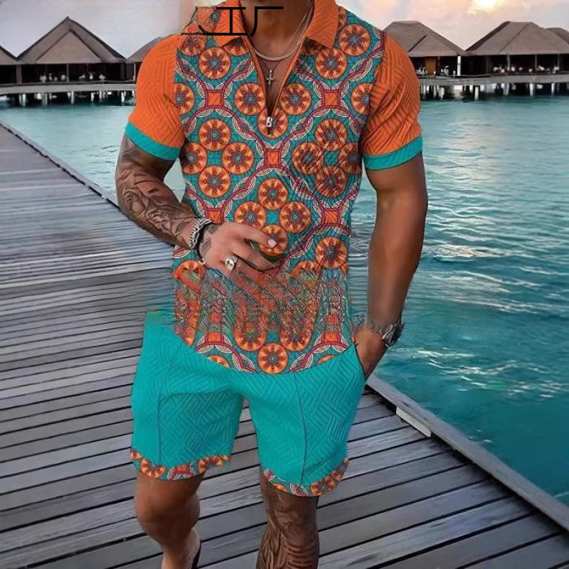 Mens Zipper Polo Shirt Short Sleeve Knit Suit