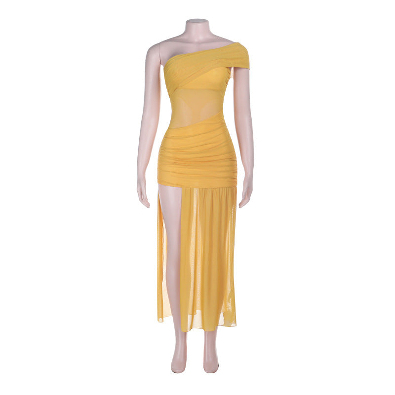 Mesh Asymmetric Shoulder Bodycon Dress
