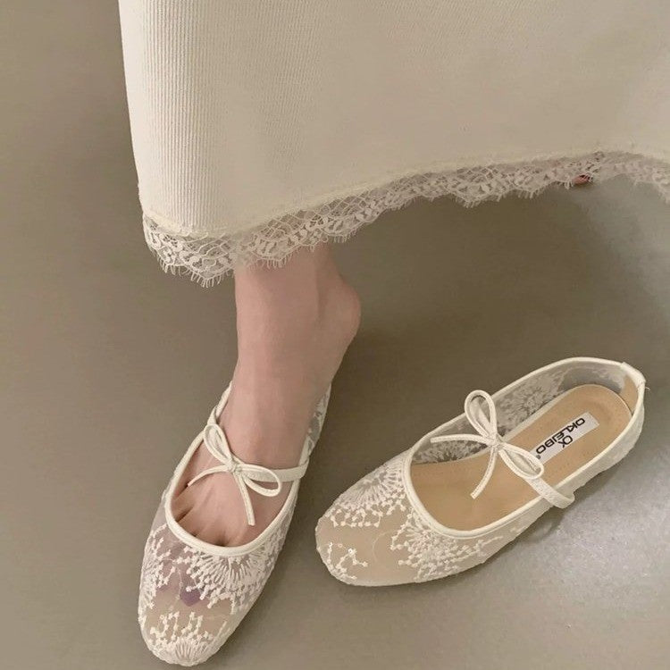 Mesh Bow Mary Jane Flat Shoes