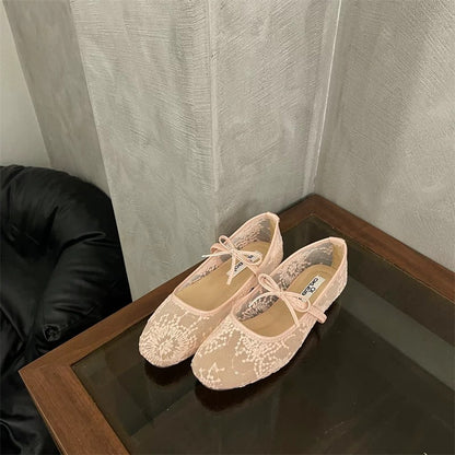 Mesh Bow Mary Jane Flat Shoes