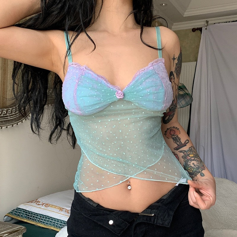 Mesh Dot Cross Hem Camisole Top
