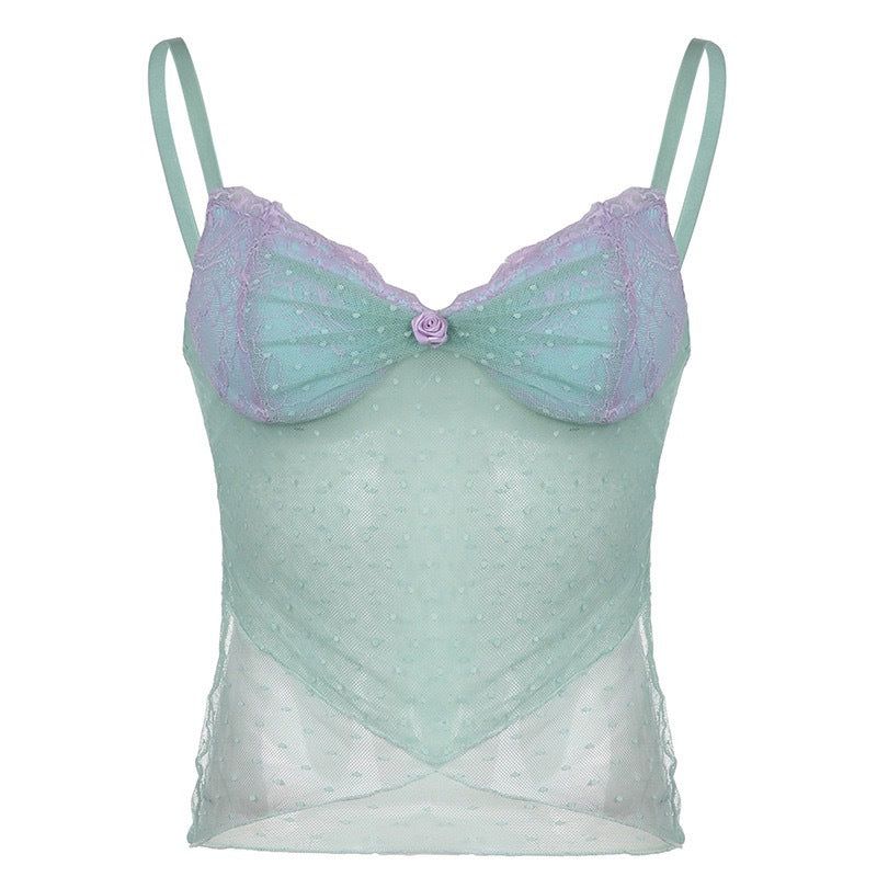 Mesh Dot Cross Hem Camisole Top