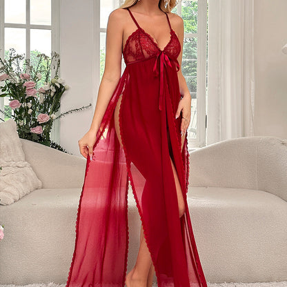 Mesh halter lace slit dress