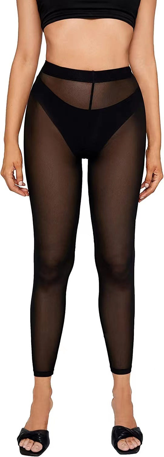 Mesh high-waisted solid-color leggings