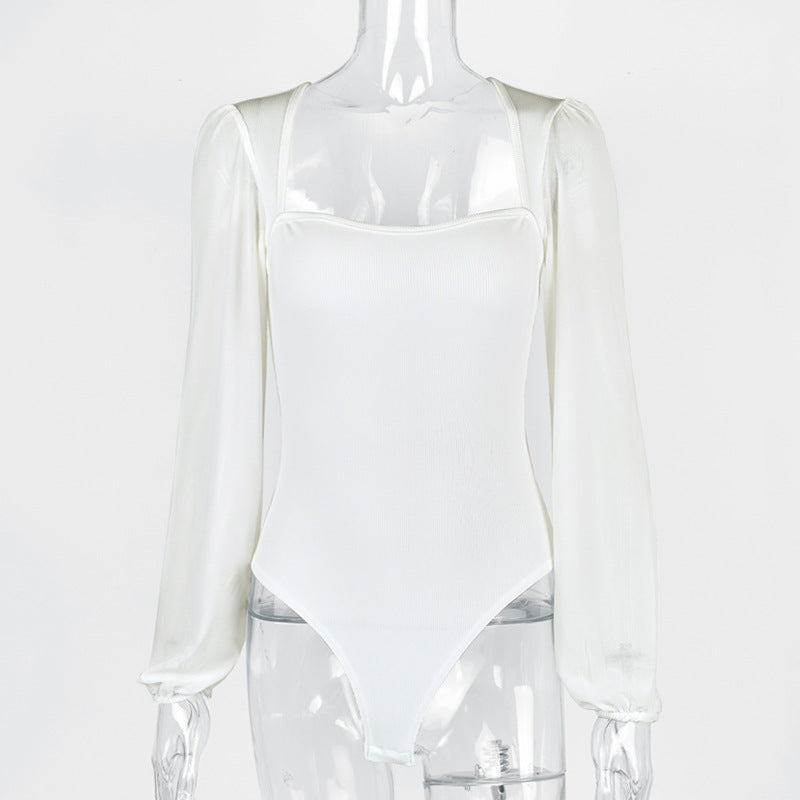 Mesh Lantern Sleeve Jumpsuit Bodysuit