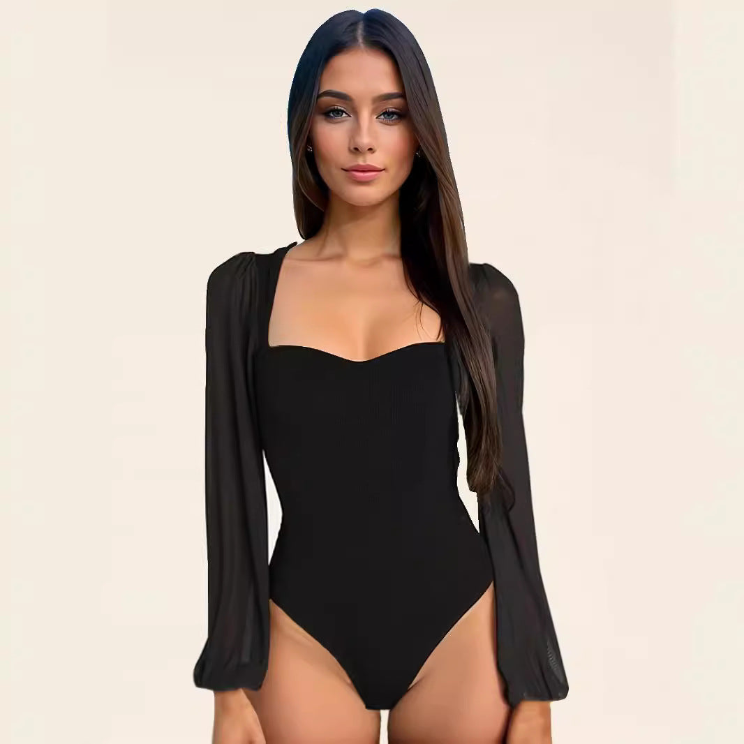 Mesh Lantern Sleeve Jumpsuit Bodysuit