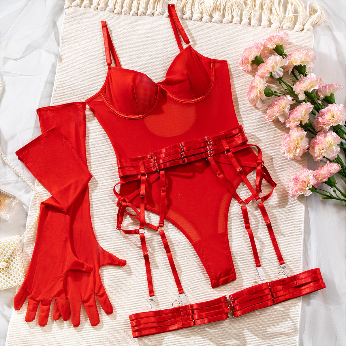 Mesh Panel Bodysuit with Gloves