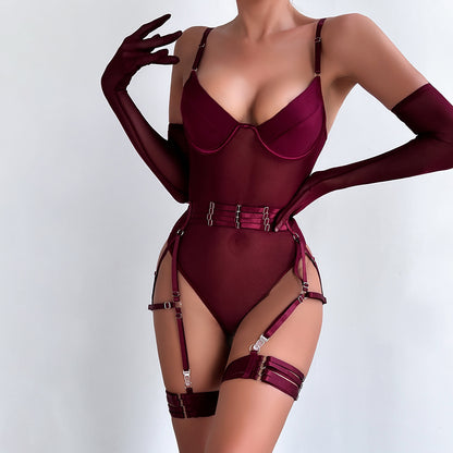 Mesh Panel Bodysuit with Gloves