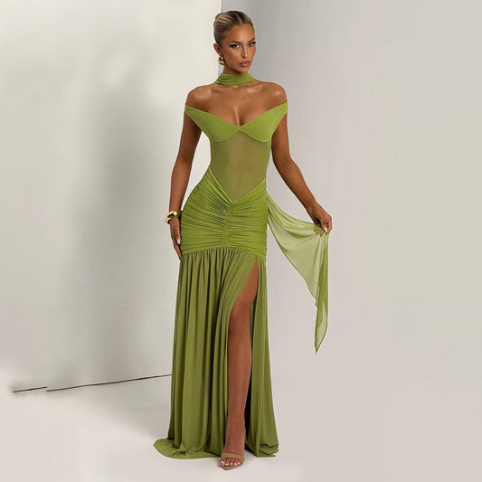 Mesh Pleated Slit Dress