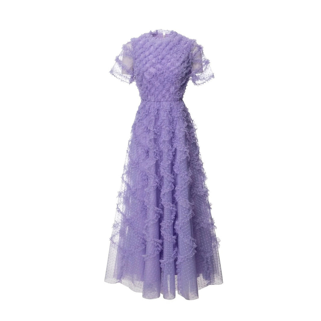 Mesh Polka Dot Floral High-Neck Dress