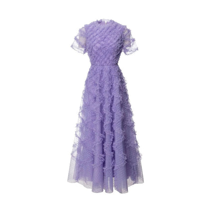 Mesh Polka Dot Floral High-Neck Dress