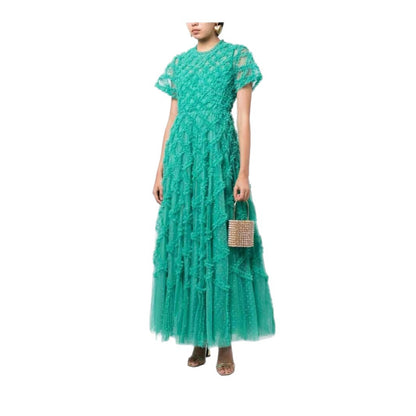 Mesh Polka Dot Floral High-Neck Dress