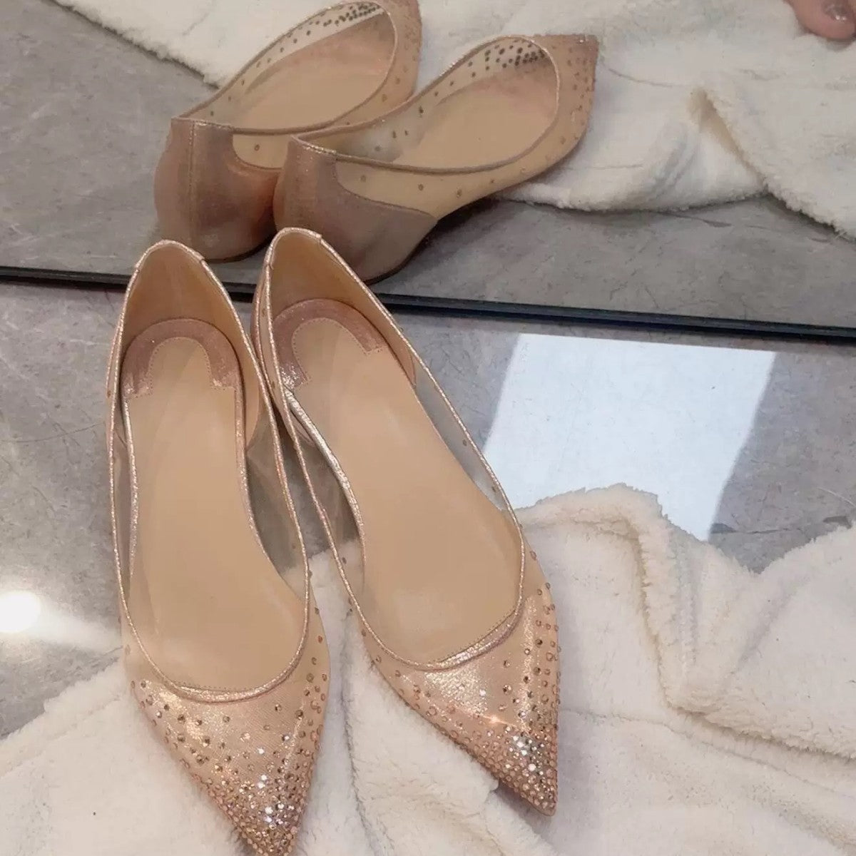 Mesh Rhinestone Pointed Toe Flats