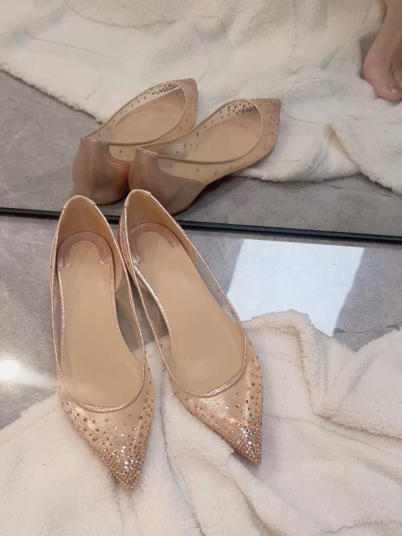 Mesh Rhinestone Pointed Toe Flats