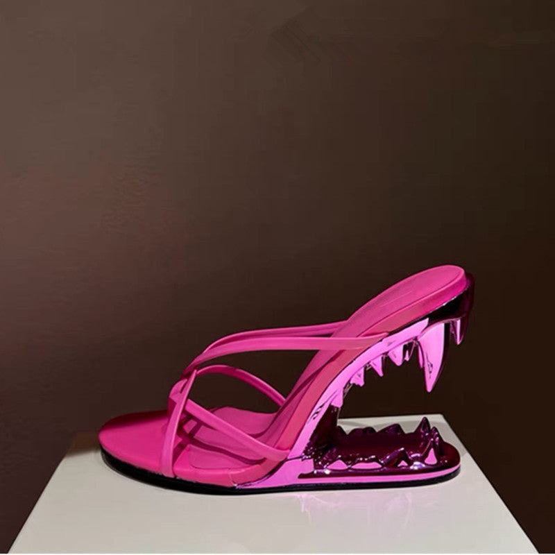 Metal Accent Hollow Fang Heel Sandals