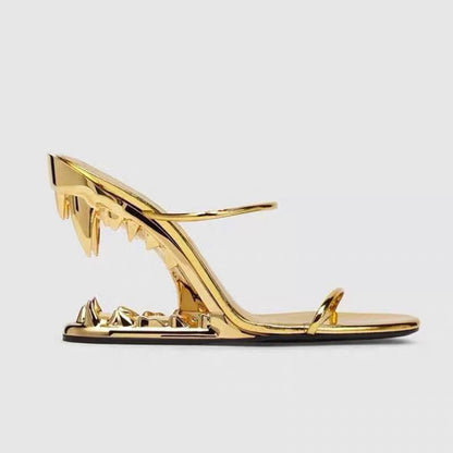 Metal Accent Hollow Fang Heel Sandals
