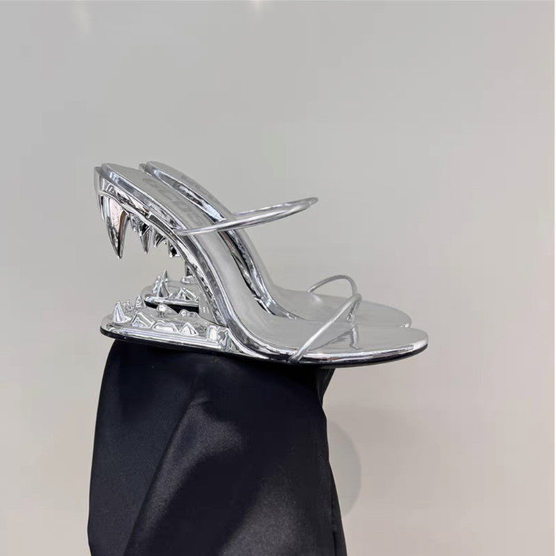 Metal Accent Hollow Fang Heel Sandals