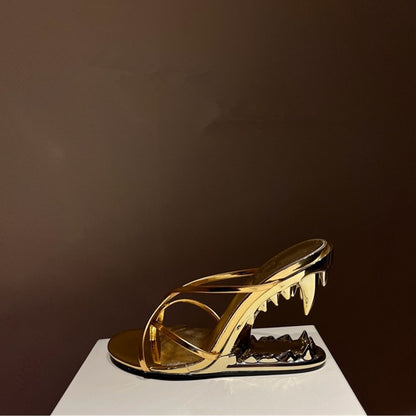 Metal Accent Hollow Fang Heel Sandals