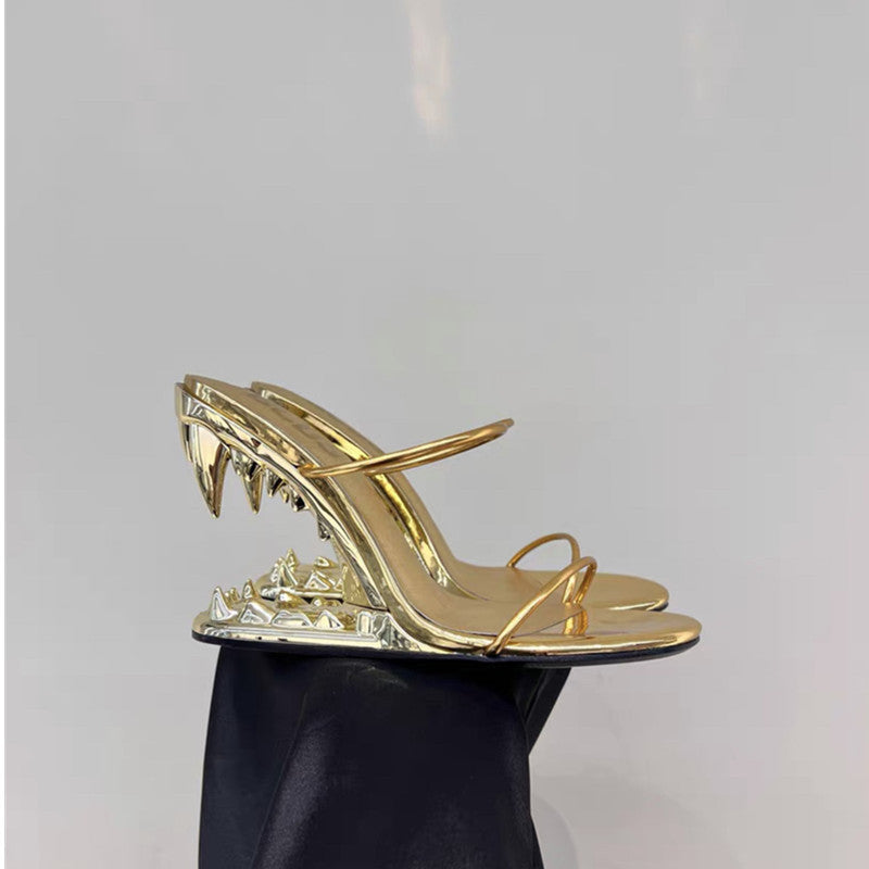 Metal Accent Hollow Fang Heel Sandals