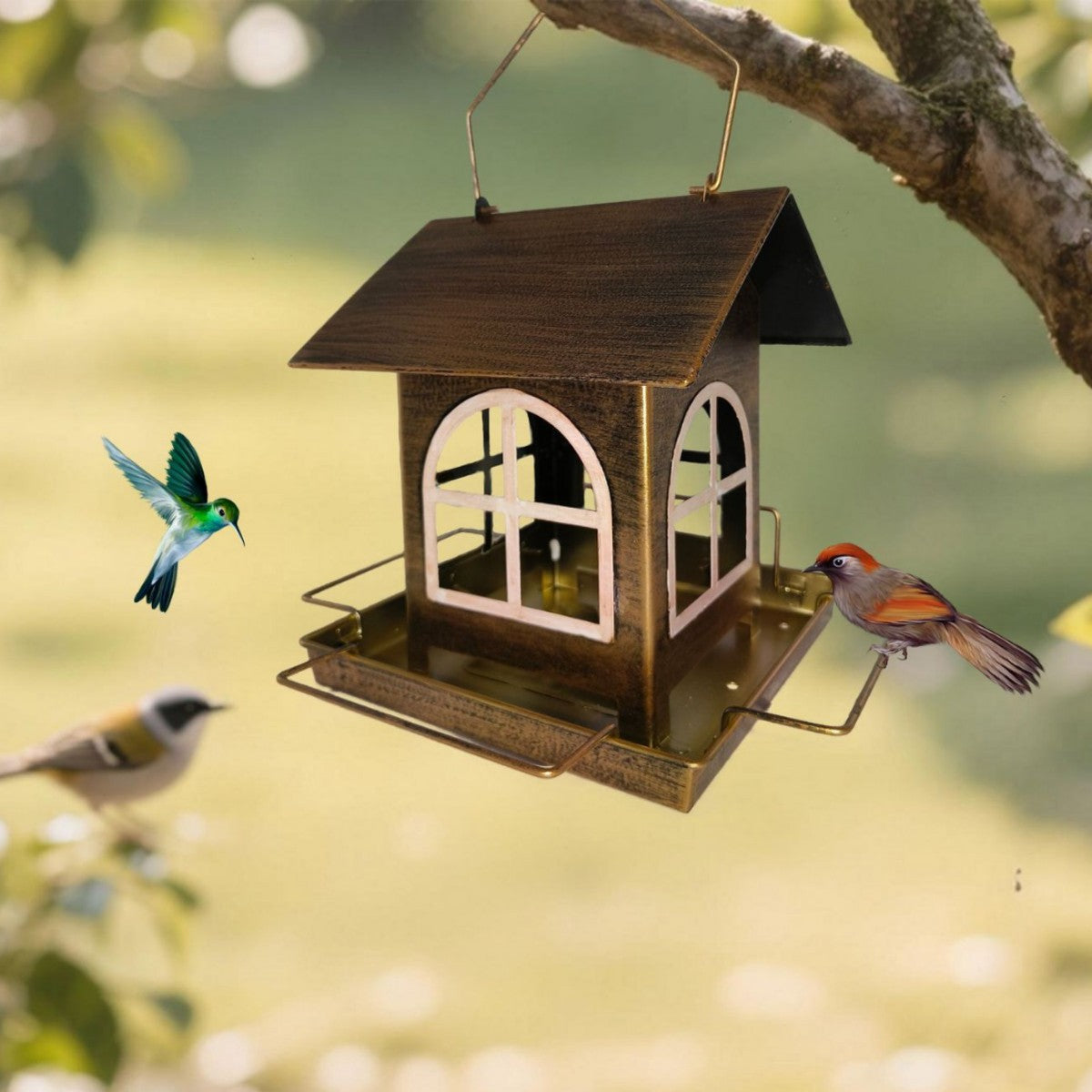 Metal hanging hummingbird feeder