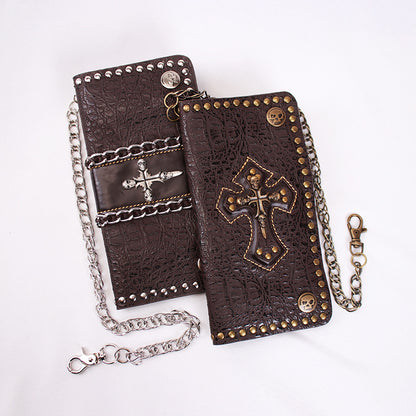 Metal Rivet Mens Wallet with Chain Genuine Leather