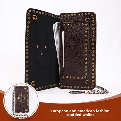 Metal Rivet Mens Wallet with Chain Genuine Leather