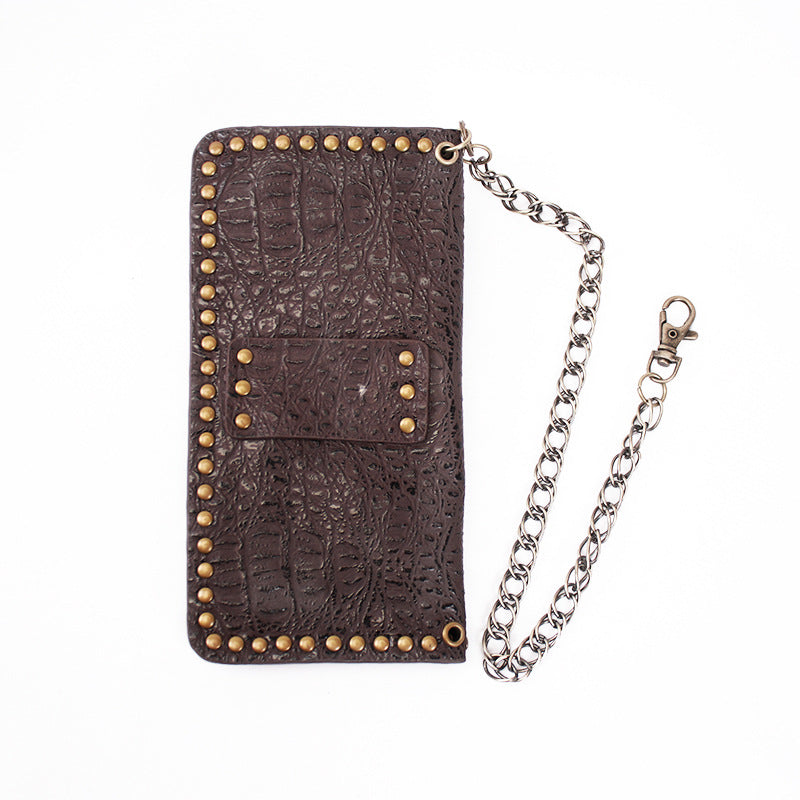 Metal Rivet Mens Wallet with Chain Genuine Leather