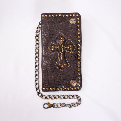 Metal Rivet Mens Wallet with Chain Genuine Leather