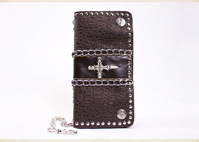 Metal Rivet Mens Wallet with Chain Genuine Leather