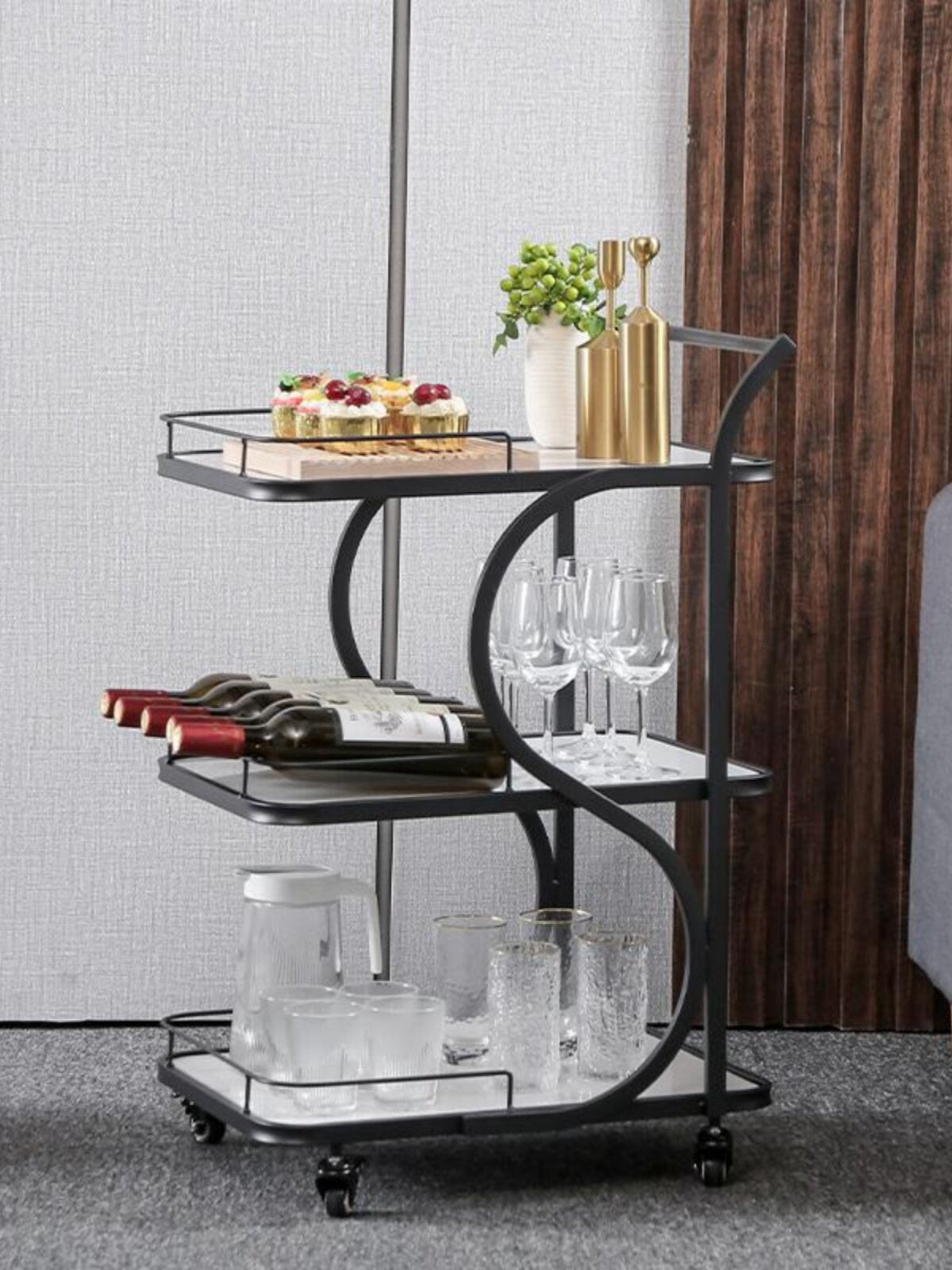 Metal Serving Cart with Wooden Board