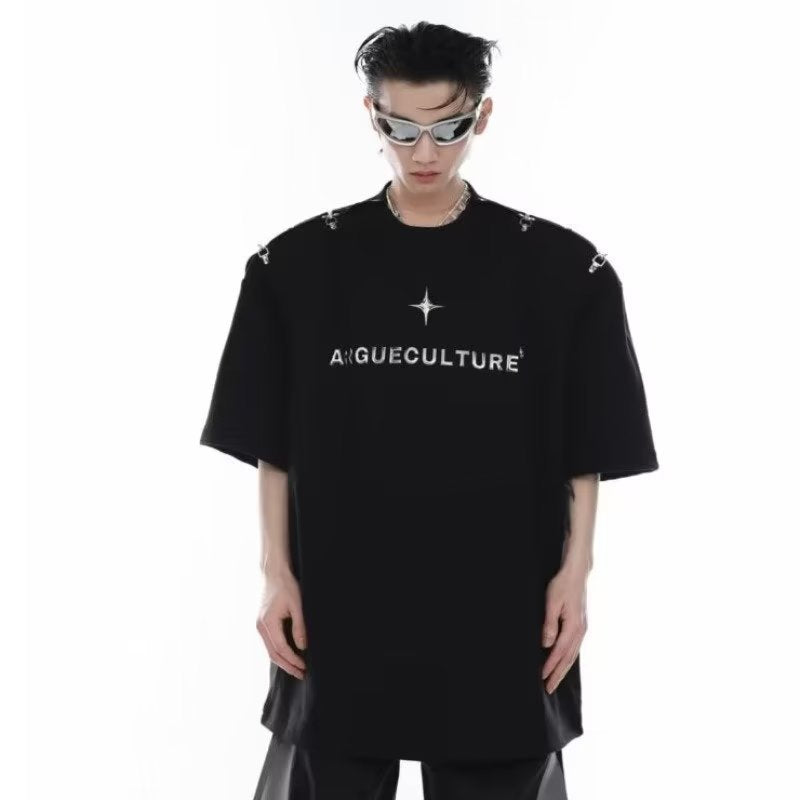 Metal snap design short-sleeved t-shirt