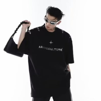 Metal snap design short-sleeved t-shirt