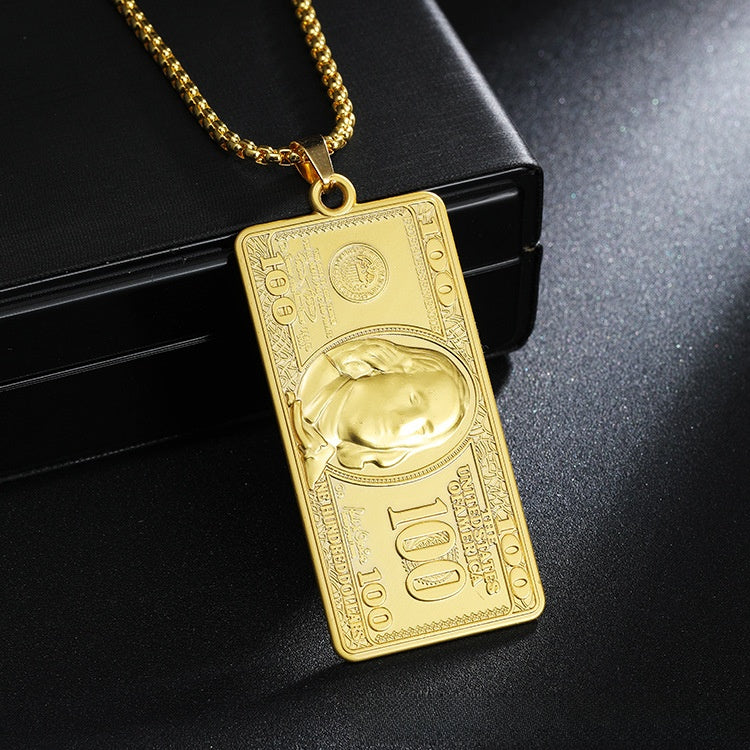 Metal U.S. Dollar Bill Pendant Necklace – Stylish, Wealth-Symbolizing