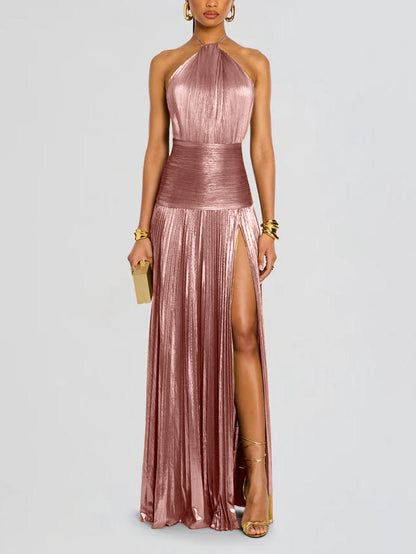 Metallic Pleated Halter Neck Slit Backless Long Dress