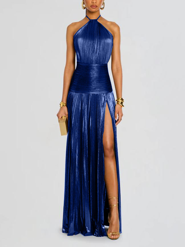 Metallic Pleated Halter Neck Slit Backless Long Dress